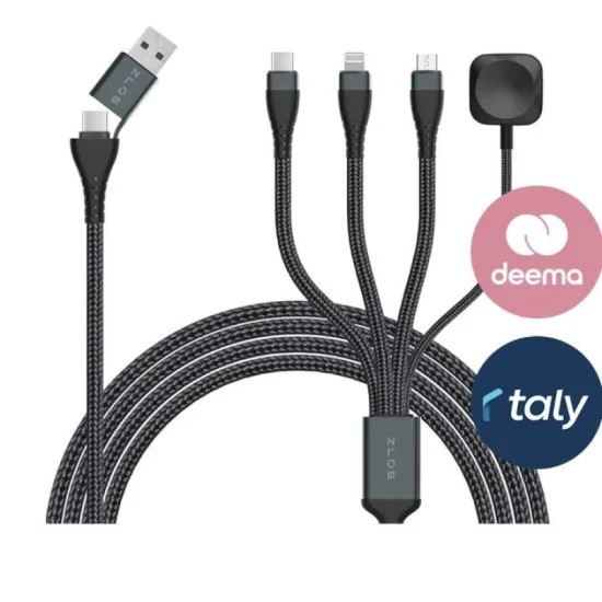 Zlos Two(C+A) to Four(C+L+Micro+Watch) Braided Data Charging Cable - Black